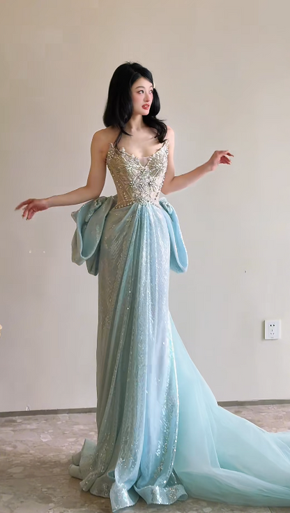 Chic Blue Prom Dress  A=line Beaded Long Evening Dress Sweetheart Tulle Dress for Party ED09119