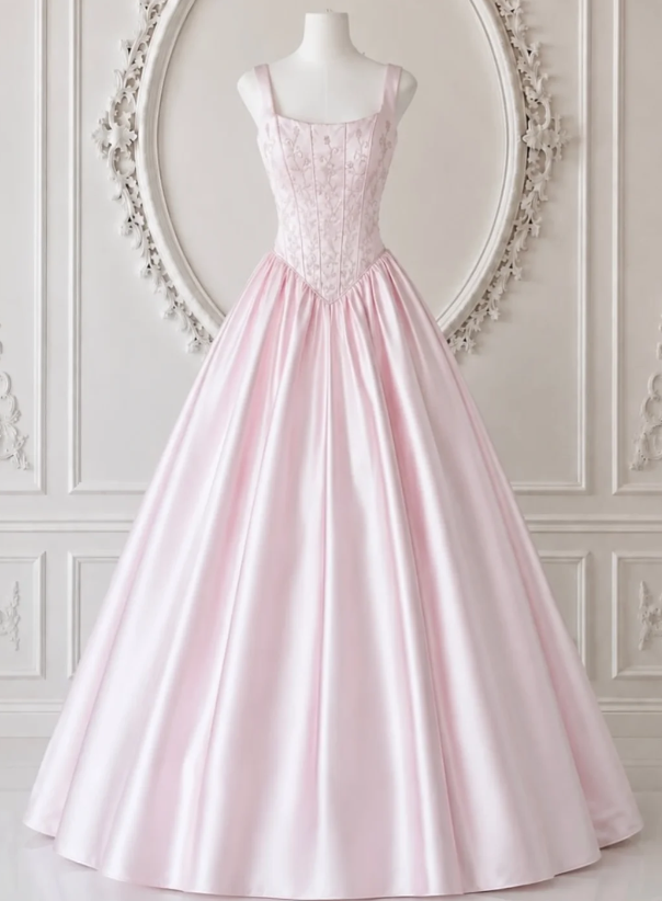 Robe de bal rose chic Robe de soirée longue en satin coupe trapèze Robe en satin à bretelles pour soirée ED09120