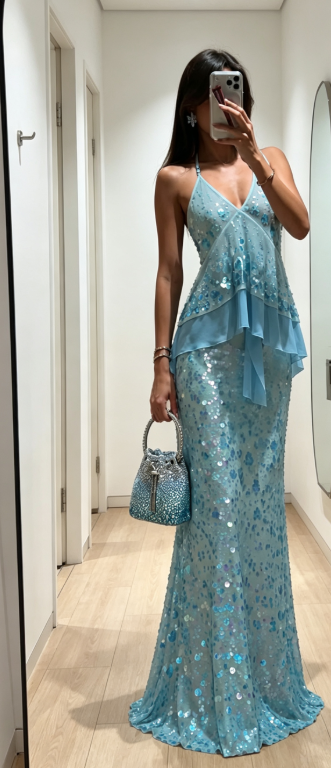 Chic Blue Prom Dress Sheath Sequins Long Evening Dress Halter Chiffon Dress for Party ED09122
