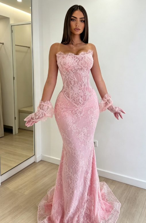 Elegant Pink Prom Dress Mermaid Long Evening Dress Strapless Lace Dress for Party ED09124