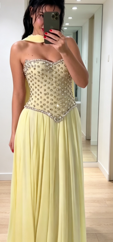 Robe de bal élégante jaune, fourreau perlé, longue robe de soirée, robe bustier en mousseline pour soirée ED09126