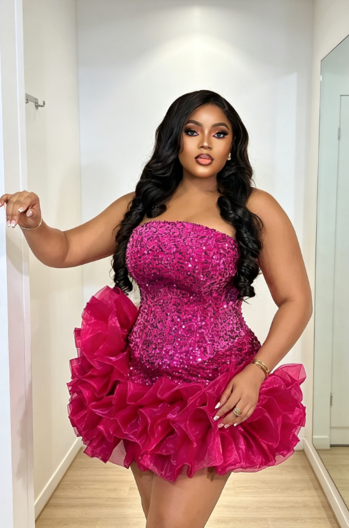 Fashion Hot Pink Hoco Dress Strapless Bodycon Dress for Party Sequins Tulle Birthday Dress ED09129