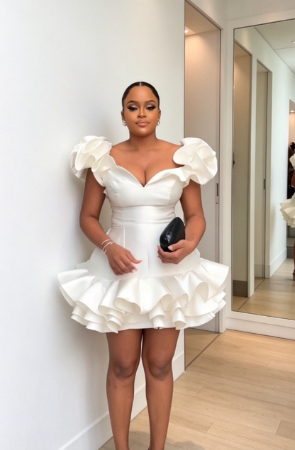 Fashion White Hoco Dress Off-shoulder Sheath Dress for Party Satin Birthday Dress ED09131