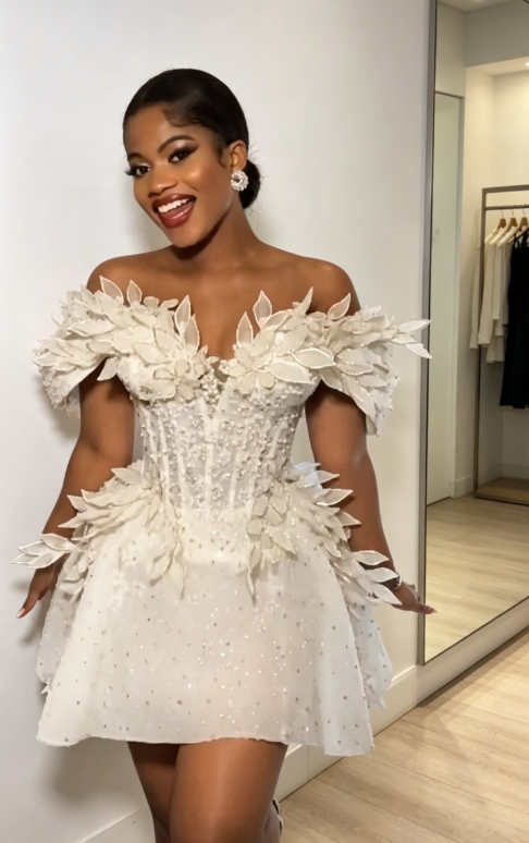 Robe de Soirée Blanche Hoco Tulle Anniversaire Épaules Dénudées Coupe Trapèze ED09133