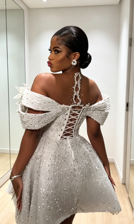 Robe de Soirée Blanche Hoco Tulle Anniversaire Épaules Dénudées Coupe Trapèze ED09133