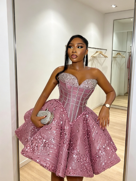 Fashion Pink Hoco Dress Sweetheart A-Line Dress for Party Beaded Satin Birthday Dress ED09137