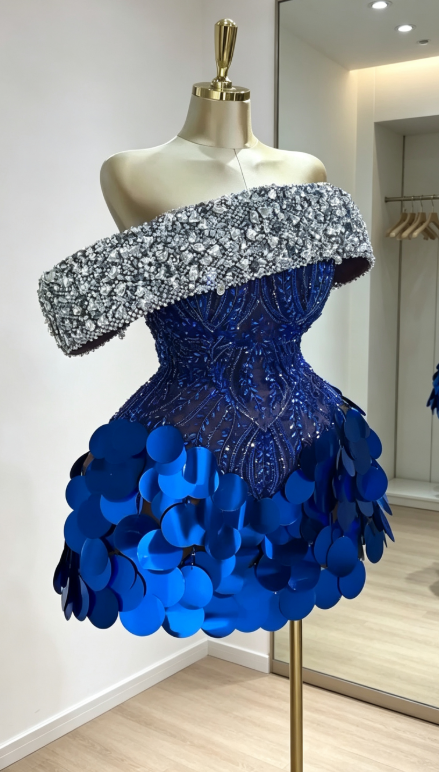 Fashion Blue Hoco Dress Off-shoulder Sheath Dress for Party Beaded Sequins Birthday Dress ED09138