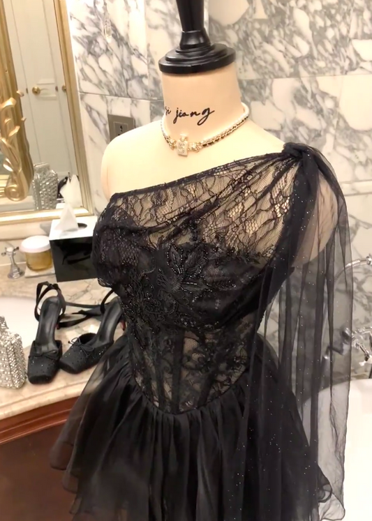 Fashion Black Hoco Dress Off-shoulder A-Line Dress for Party Sequins Chiffon Birthday Dress ED09140