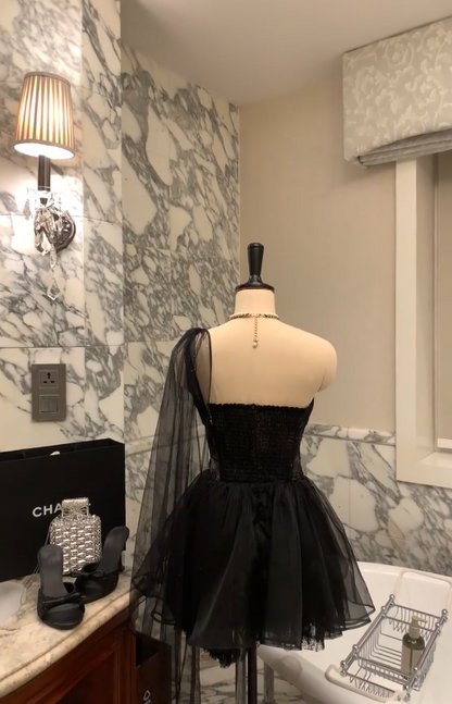 Fashion Black Hoco Dress Off-shoulder A-Line Dress for Party Sequins Chiffon Birthday Dress ED09140
