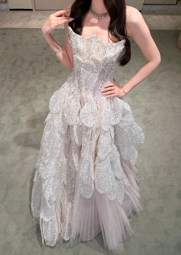 Simple White Wedding Dress Strapless A-Line Bridal Dress Sequins Tulle Bridal Gown ED09143