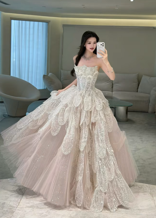 Simple White Wedding Dress Strapless A-Line Bridal Dress Sequins Tulle Bridal Gown ED09143