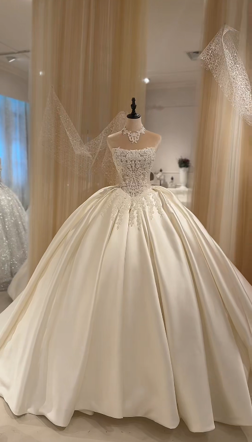 Simple White Wedding Dress Strapless A-Line Bridal Dress Beaded Satin Bridal Gown ED09145