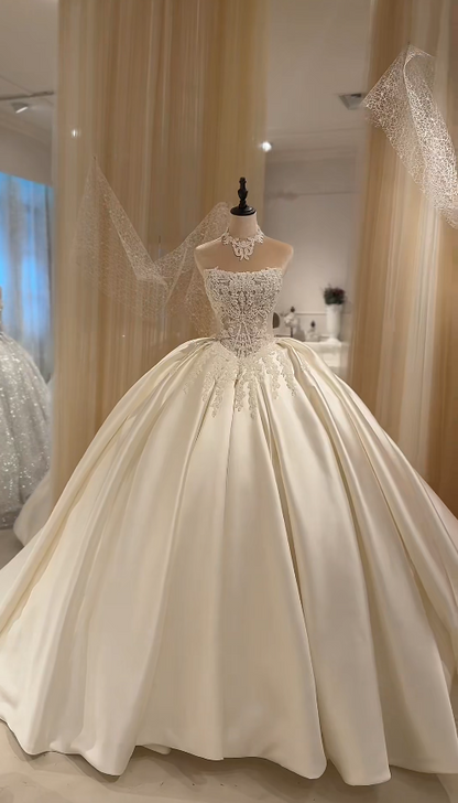 Simple White Wedding Dress Strapless A-Line Bridal Dress Beaded Satin Bridal Gown ED09145