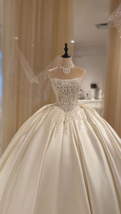 Simple White Wedding Dress Strapless A-Line Bridal Dress Beaded Satin Bridal Gown ED09145