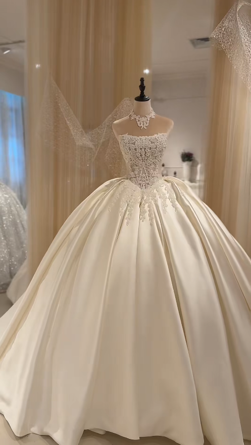 Simple White Wedding Dress Strapless A-Line Bridal Dress Beaded Satin Bridal Gown ED09145