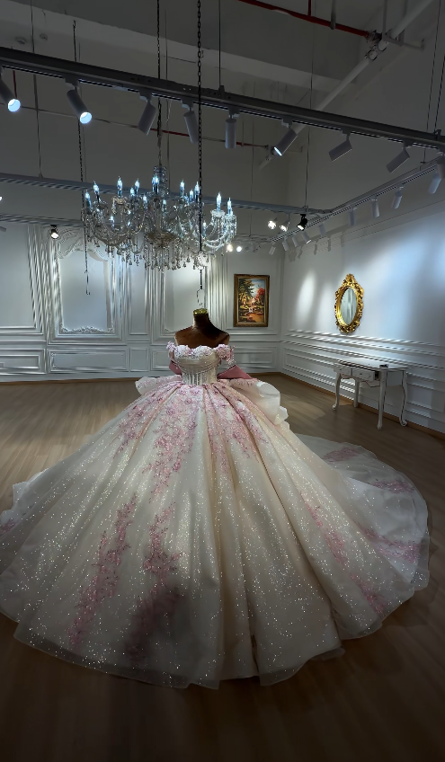 Magnifique robe de bal à épaules dénudées en tulle et appliques pour Quinceanera Robe champagne pour les 16 ans ED09147