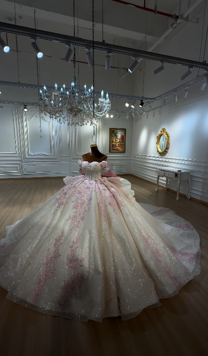 Magnifique robe de bal à épaules dénudées en tulle et appliques pour Quinceanera Robe champagne pour les 16 ans ED09147