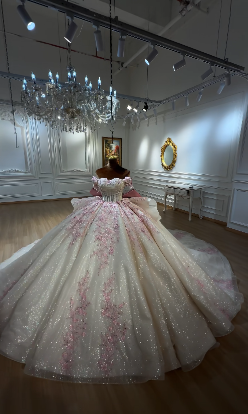 Magnifique robe de bal à épaules dénudées en tulle et appliques pour Quinceanera Robe champagne pour les 16 ans ED09147