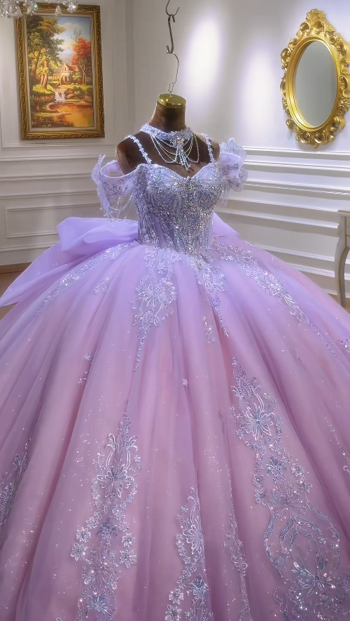 Gorgeous Off-shoulder Ball Gown Tulle Applique Quicneanera Dress Purple Sweet 16 Dress ED09148