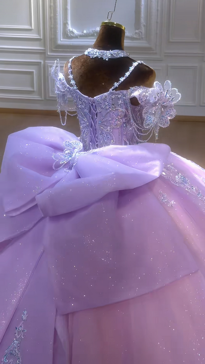 Gorgeous Off-shoulder Ball Gown Tulle Applique Quicneanera Dress Purple Sweet 16 Dress ED09148