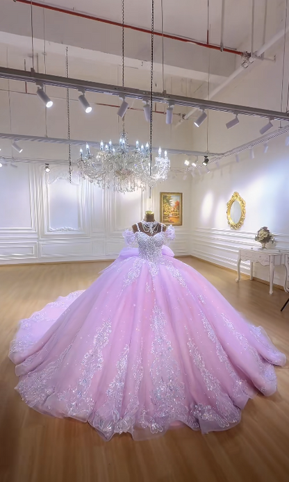 Gorgeous Off-shoulder Ball Gown Tulle Applique Quicneanera Dress Purple Sweet 16 Dress ED09148