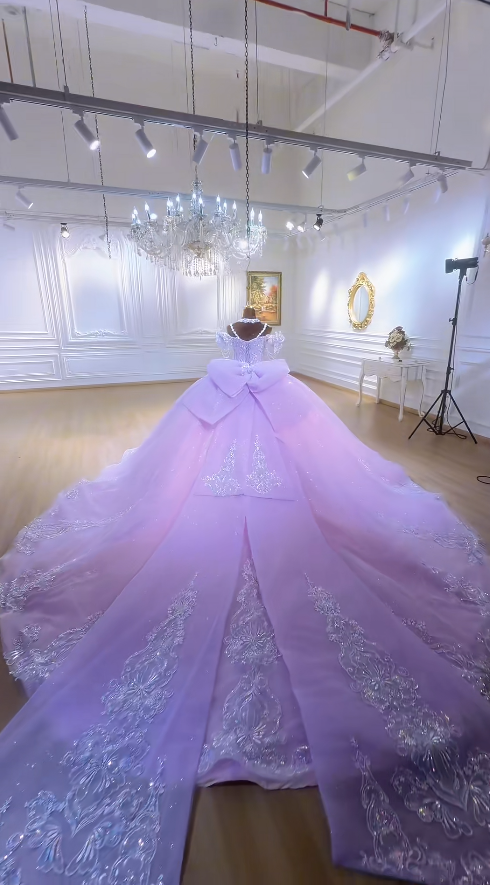Gorgeous Off-shoulder Ball Gown Tulle Applique Quicneanera Dress Purple Sweet 16 Dress ED09148