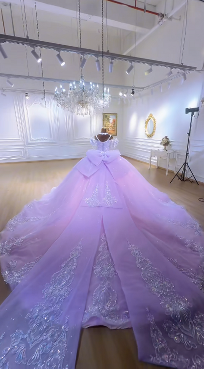 Gorgeous Off-shoulder Ball Gown Tulle Applique Quicneanera Dress Purple Sweet 16 Dress ED09148
