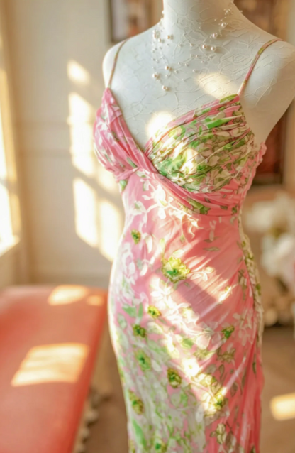 Romantic Pink Prom Dress Floral Chiffon Dress for Party Straps Sheath Evening Dress ED09153