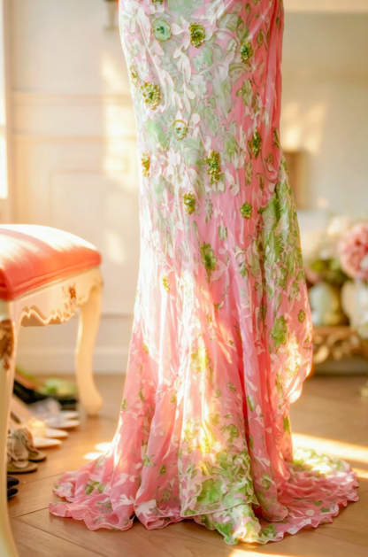 Romantic Pink Prom Dress Floral Chiffon Dress for Party Straps Sheath Evening Dress ED09153