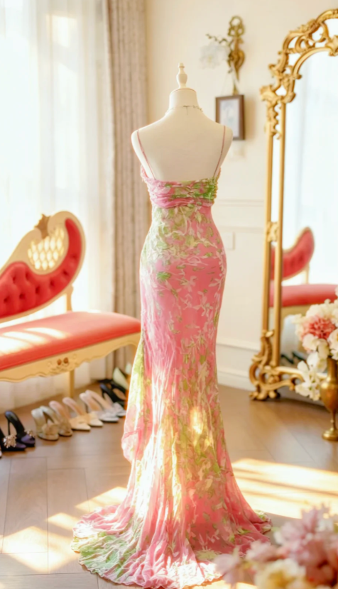 Romantic Pink Prom Dress Floral Chiffon Dress for Party Straps Sheath Evening Dress ED09153