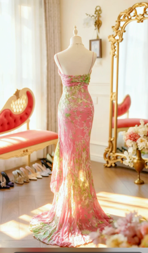 Romantic Pink Prom Dress Floral Chiffon Dress for Party Straps Sheath Evening Dress ED09153