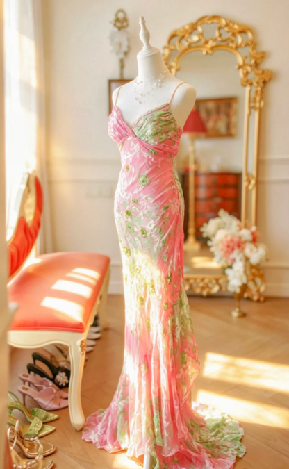 Romantic Pink Prom Dress Floral Chiffon Dress for Party Straps Sheath Evening Dress ED09153