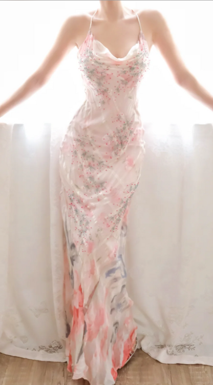 Romantic Light Pink Prom Dress Floral Chiffon Dress for Party Straps Sheath Evening Dress ED09154
