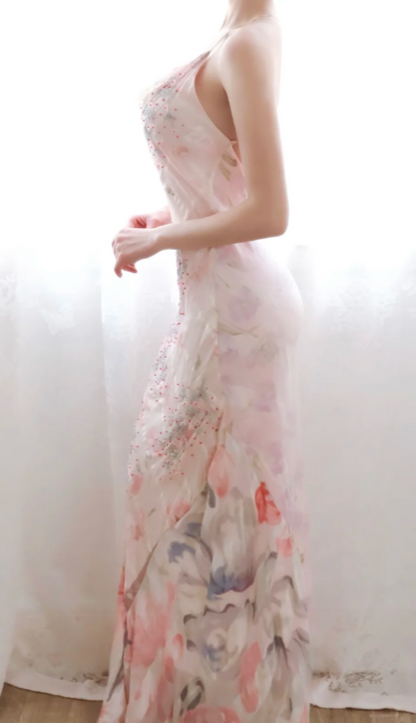 Romantic Light Pink Prom Dress Floral Chiffon Dress for Party Straps Sheath Evening Dress ED09154