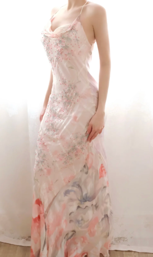 Romantic Light Pink Prom Dress Floral Chiffon Dress for Party Straps Sheath Evening Dress ED09154