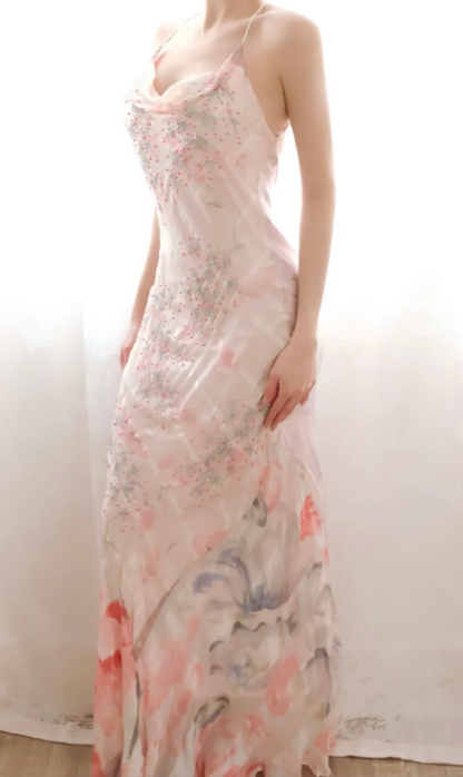 Romantic Light Pink Prom Dress Floral Chiffon Dress for Party Straps Sheath Evening Dress ED09154