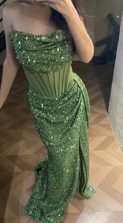 Romantic Green Prom Dress Sequins Dress for Party Strapless Sheath Evening Dress ED09156