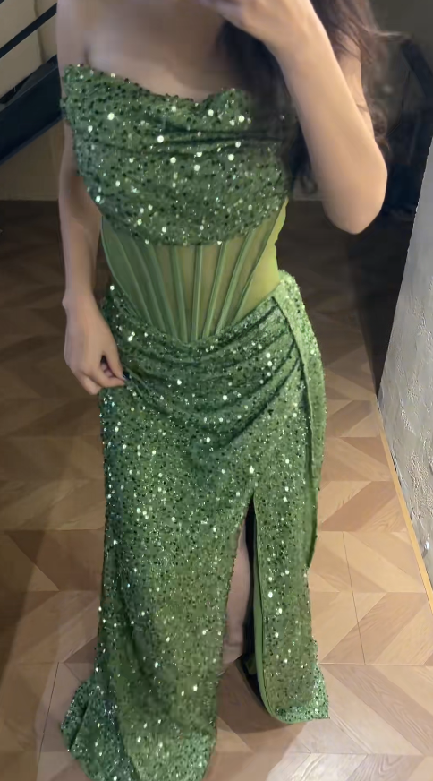 Romantic Green Prom Dress Sequins Dress for Party Strapless Sheath Evening Dress ED09156
