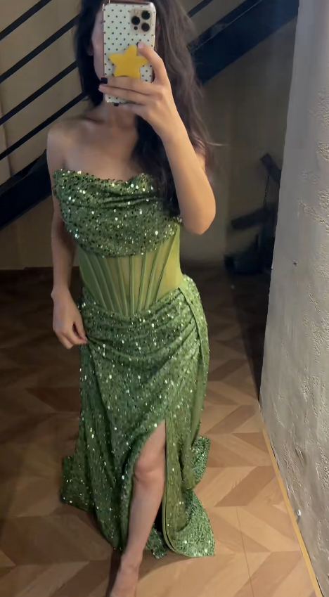 Romantic Green Prom Dress Sequins Dress for Party Strapless Sheath Evening Dress ED09156