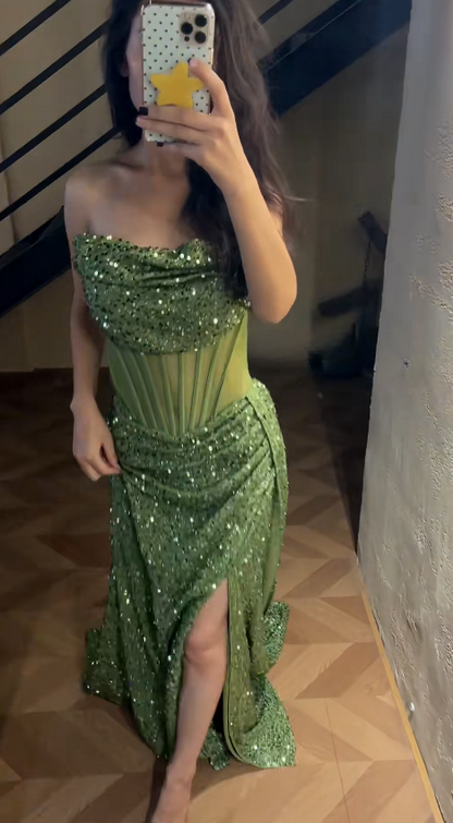 Romantic Green Prom Dress Sequins Dress for Party Strapless Sheath Evening Dress ED09156