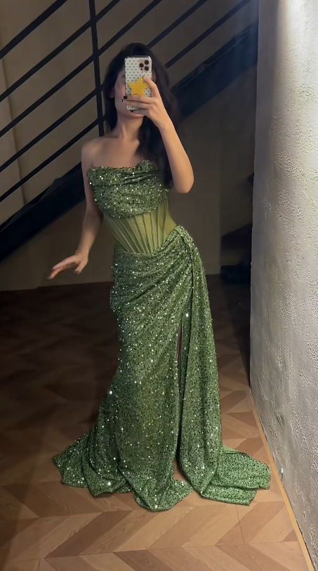 Romantic Green Prom Dress Sequins Dress for Party Strapless Sheath Evening Dress ED09156