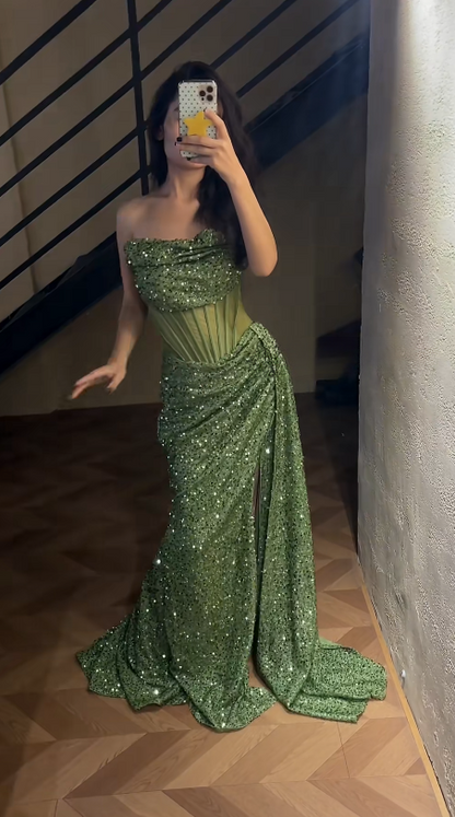 Romantic Green Prom Dress Sequins Dress for Party Strapless Sheath Evening Dress ED09156
