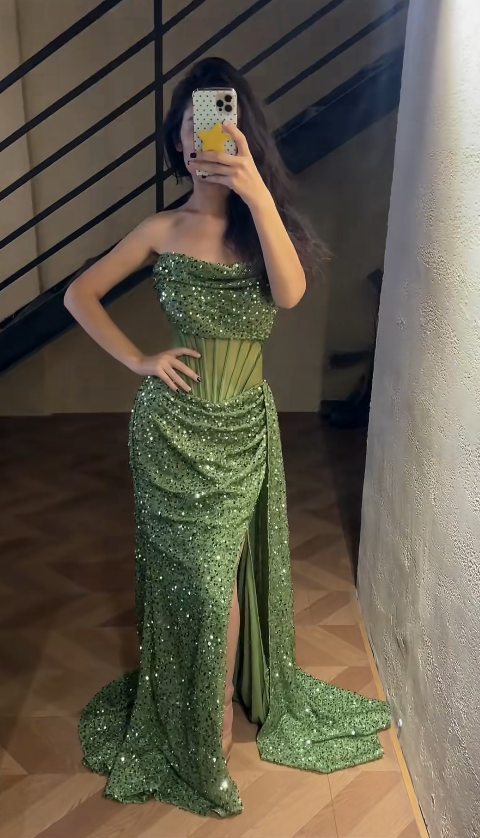 Romantic Green Prom Dress Sequins Dress for Party Strapless Sheath Evening Dress ED09156