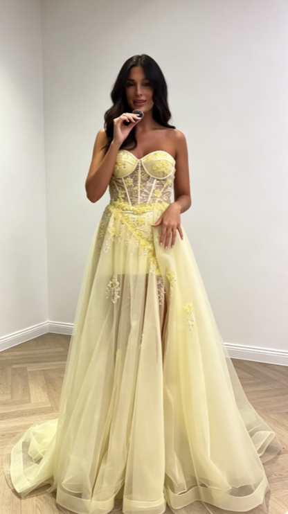 Romantic Yellow Prom Dress Tulle Dress for Party Sweetheart  A-Line Evening Dress ED09158