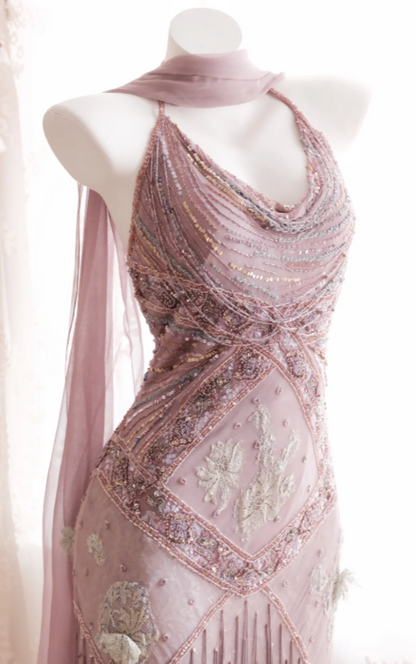 Romantic Pink Prom Dress Chiffon Beaded Dress for Party Straps Sheath Evening Dress ED09160