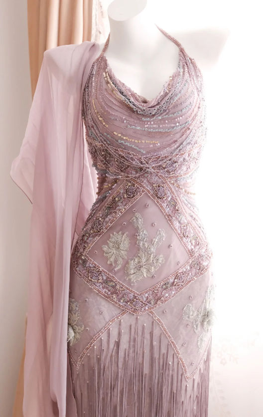 Romantic Pink Prom Dress Chiffon Beaded Dress for Party Straps Sheath Evening Dress ED09160