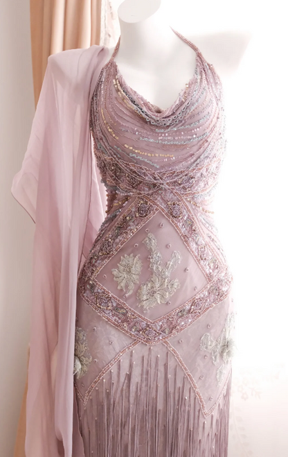 Romantic Pink Prom Dress Chiffon Beaded Dress for Party Straps Sheath Evening Dress ED09160