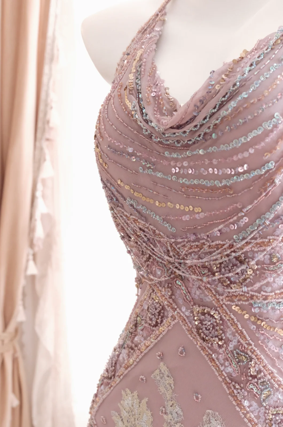 Romantic Pink Prom Dress Chiffon Beaded Dress for Party Straps Sheath Evening Dress ED09160
