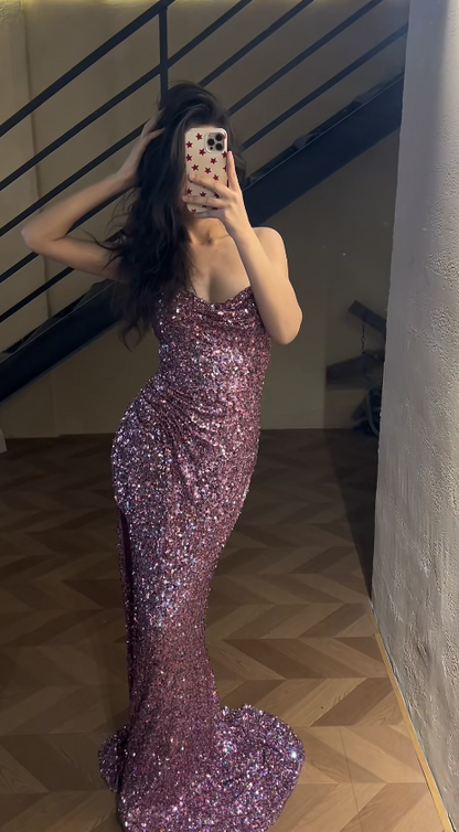 Romantic Purple Prom Dress Sequins Dress for Party Straps Sheath Evening Dress ED09161