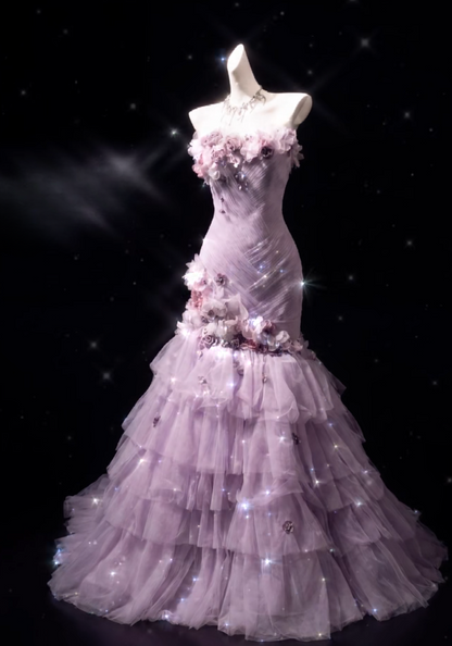 Romantic Purple Prom Dress Tulle Dress for Party Strapless Sheath Evening Dress ED09162